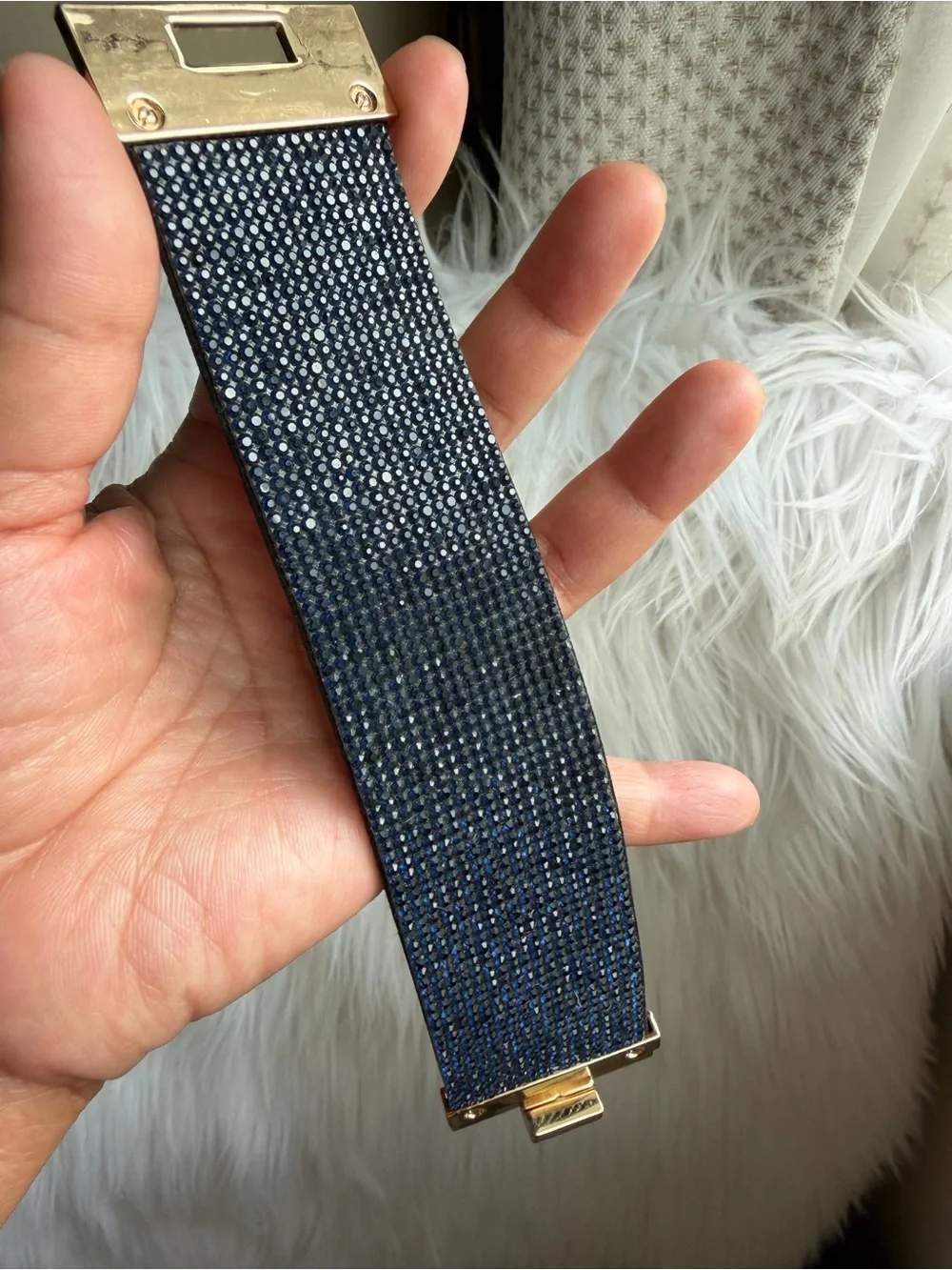 Navy Rhinestones Crystals Leather Wide Band Bracelet Gold-Tone Twist Lock